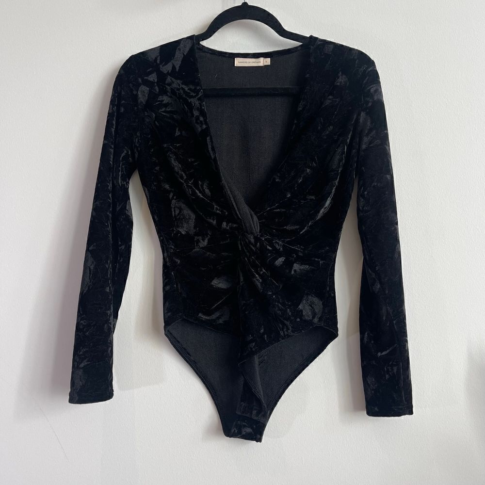 Makers Of Dreams Crushed Velvet Black Plunge Neckline Bodysuit - Small